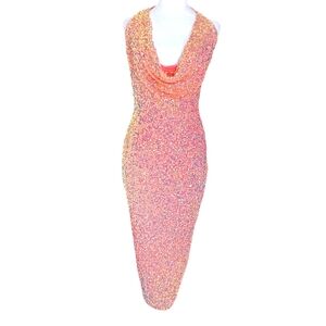 Blanc Maxi Dress Size M‎ Orange Sequin Thigh Side Slit Drawstring Low Back